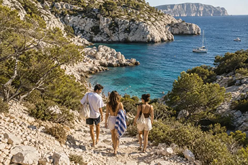 Une balade entre amis sur un sentier au-dessus de la mer