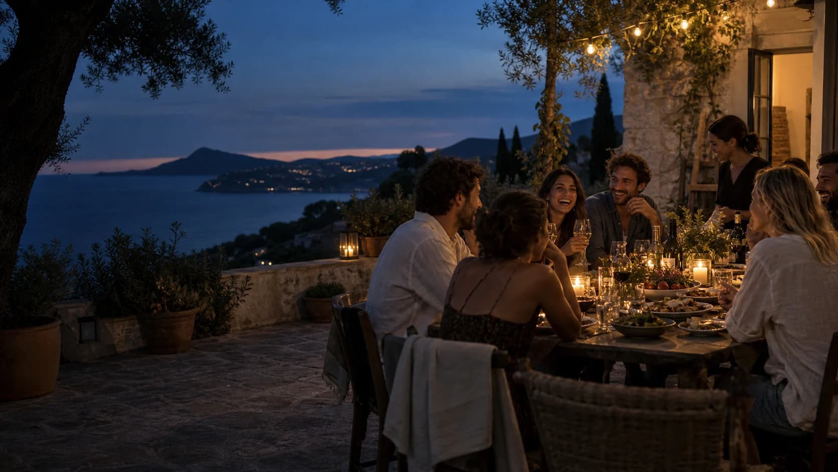 Des amis partagent un dîner sur une terrasse à la tombée du jour